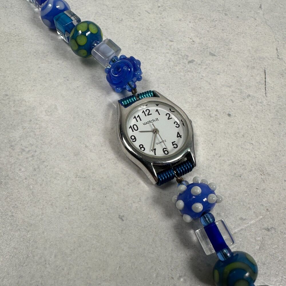 Watch-it Watch Womens 25mm Round Handcraft Blue Beaded Band 6.25" New Battery